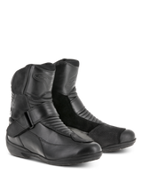 Alpinestars Women Stella Valencia Waterproof Boots, Black, Low-cut touring boots featuring leather and suede panels, accordion flex zones, and instep buckle strap, waterproof riding footwear for women