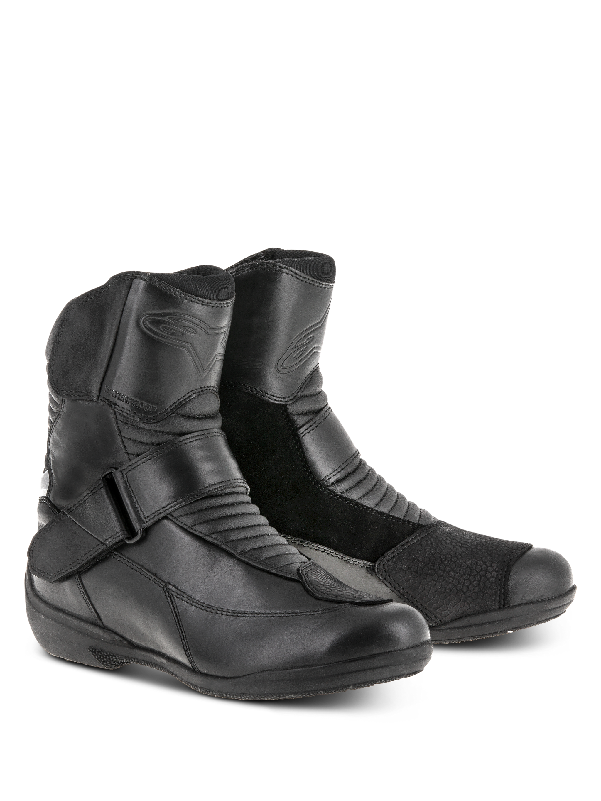 Alpinestars Women Stella Valencia Waterproof Boots, Black, Low-cut touring boots featuring leather and suede panels, accordion flex zones, and instep buckle strap, waterproof riding footwear for women