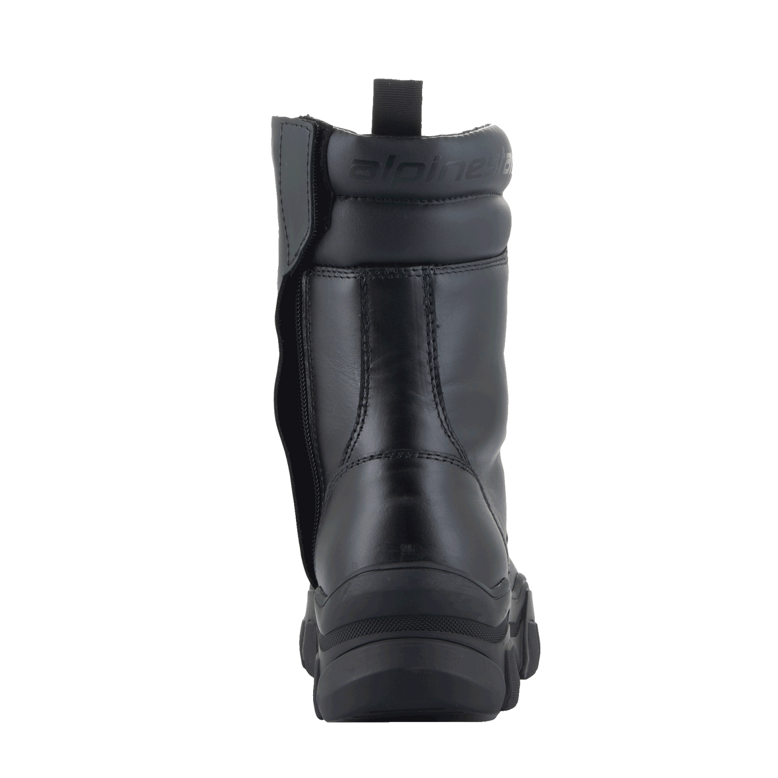 Alpinestars Ava Women Boots, Black, rear view showing elevated chunky rubber sole and medial side zipper, full-grain leather construction with padded ankle collar and embossed logo, modern urban footwear for motorcycling.