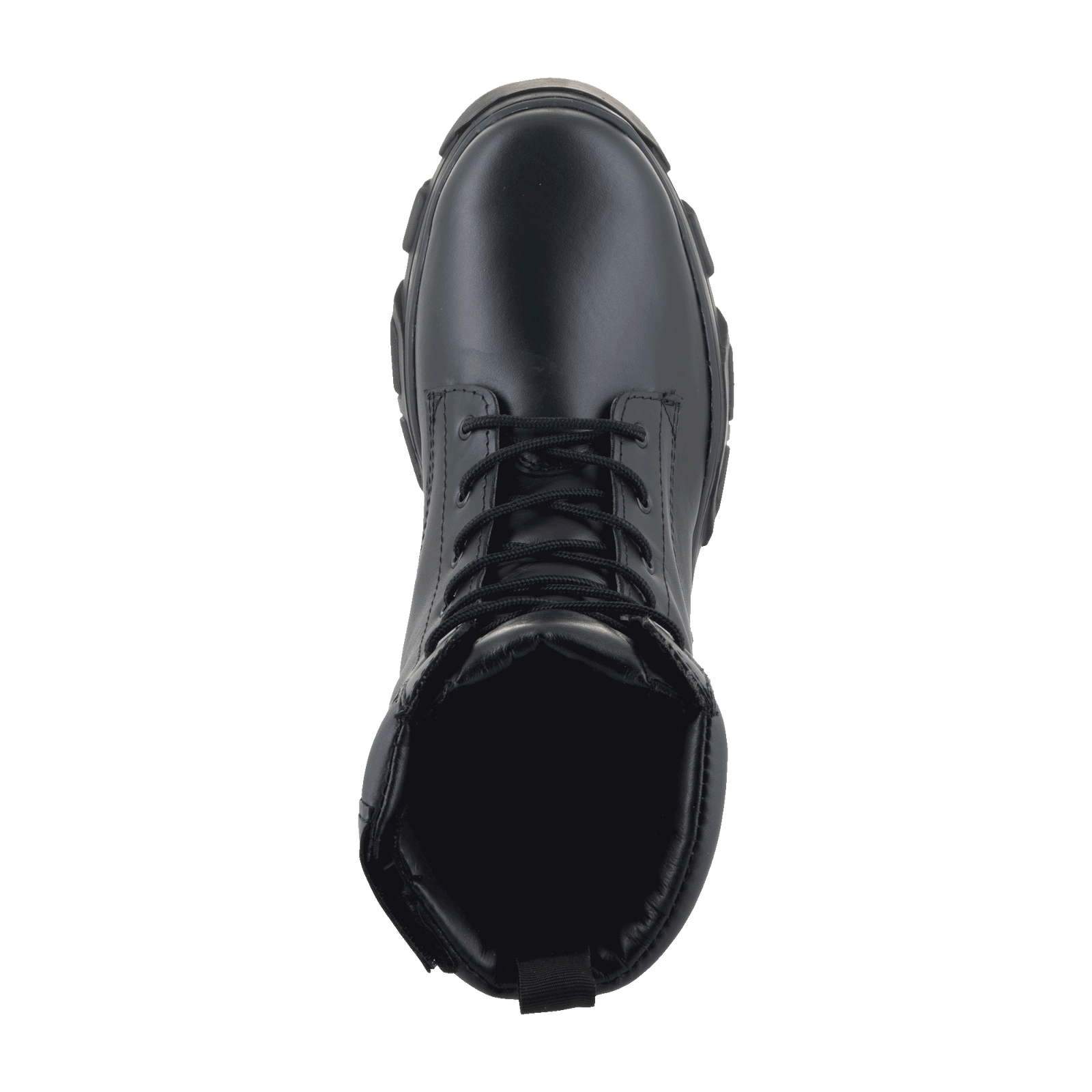Alpinestars Ava Women Boots, Urban Motorcycle Boots, Black, top-down view featuring lace-up closure and chunky elevated rubber sole, full-grain leather utility-style design