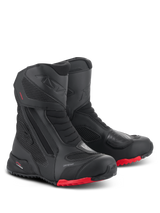 Alpinestars RT-7 Drystar Boots, Motorcycle Touring Boots, Black and Red, featuring waterproof Drystar membrane, durable textile and microfiber construction, red lugged soles, and protective reinforced areas for all-terrain adventure