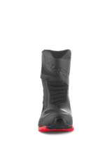 Alpinestars RT-7 Drystar® Boots, Motorcycle Touring Boots, Black and Red, front view, featuring a reinforced toe box, 3D print shift pad, and bright red lugged sole, waterproof adventure riding footwear design.