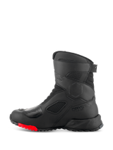Alpinestars RT-7 Drystar® Boots, Motorcycle Touring Boots, Black and Red, side profile view featuring Drystar logo, reinforced shift pad, and durable lugged sole with red accents for adventure riding.