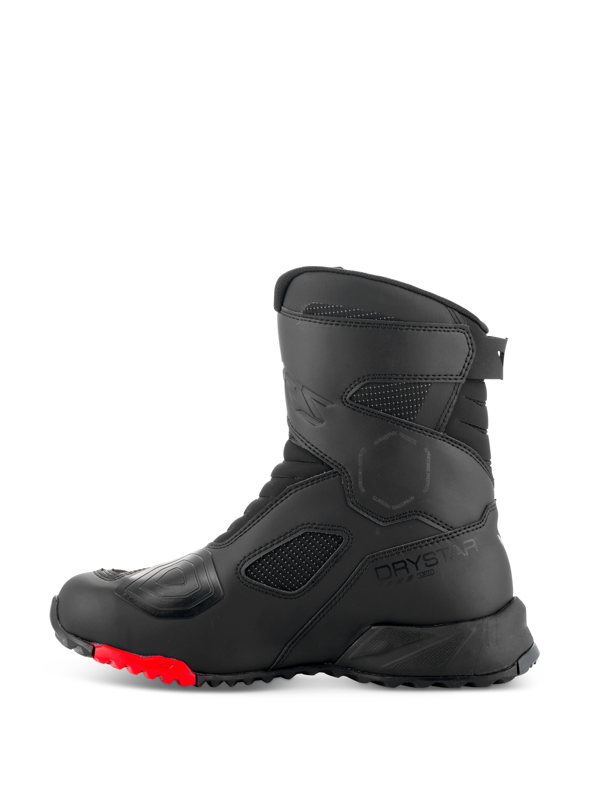 Alpinestars RT-7 Drystar® Boots, Motorcycle Touring Boots, Black and Red, side profile view featuring Drystar logo, reinforced shift pad, and durable lugged sole with red accents for adventure riding.