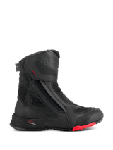 Alpinestars RT-7 Drystar Boots, Motorcycle Touring Boots, Black with Red Sole Accent, Waterproof and Breathable, Side Profile featuring Lateral Zip and Hook-and-Loop closure, Textured Textile Panels with Reflective Dots, Rugged Lugged Sole, Advanced Synthetic Construction