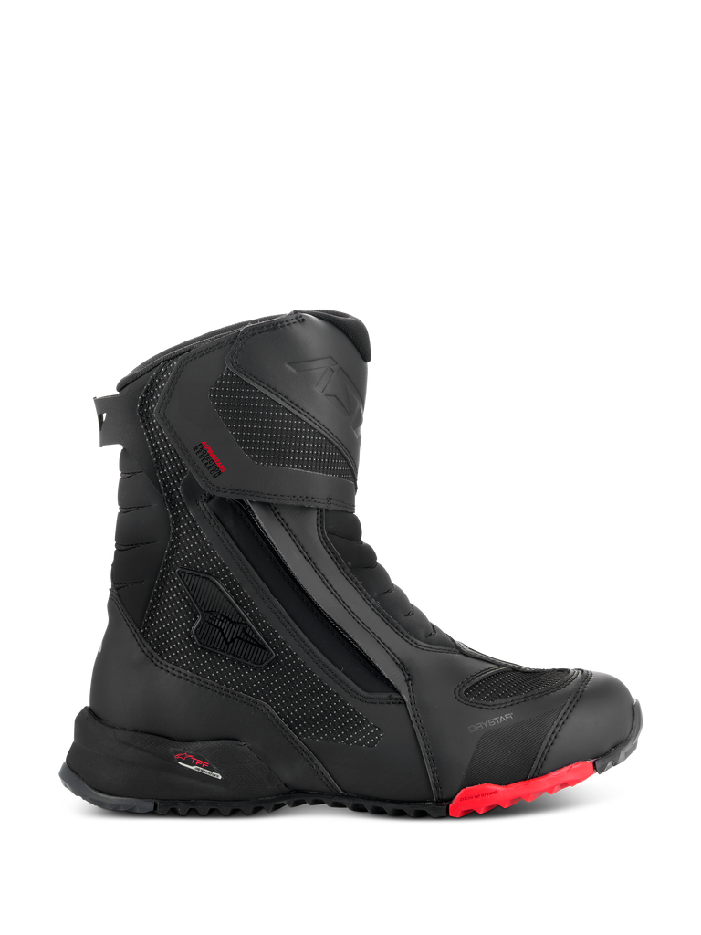 Alpinestars RT-7 Drystar Boots, Motorcycle Touring Boots, Black with Red Sole Accent, Waterproof and Breathable, Side Profile featuring Lateral Zip and Hook-and-Loop closure, Textured Textile Panels with Reflective Dots, Rugged Lugged Sole, Advanced Synthetic Construction