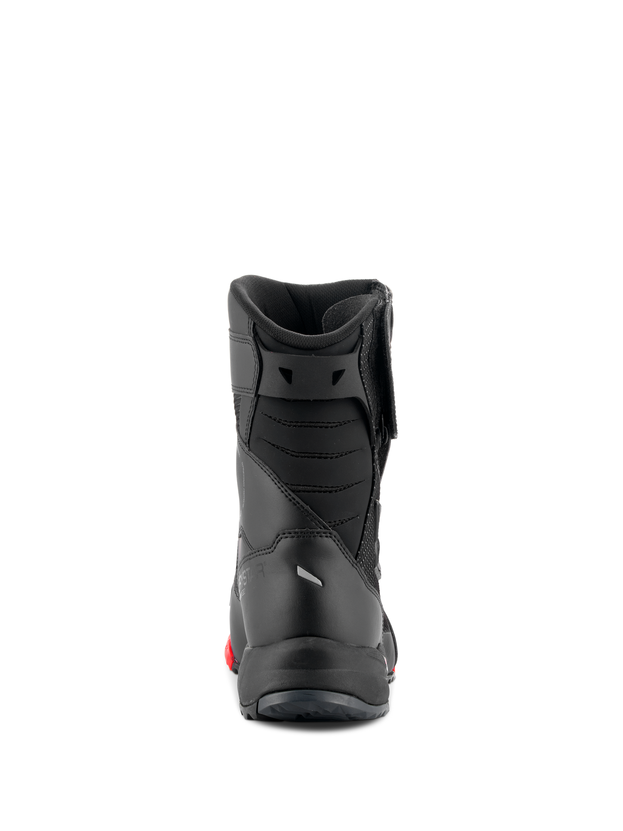 Alpinestars RT-7 Drystar® Boots, Motorcycle Touring Boots, Black and Red, rear view showing padded achilles bellows and sleek construction, waterproof protective footwear for road and adventure