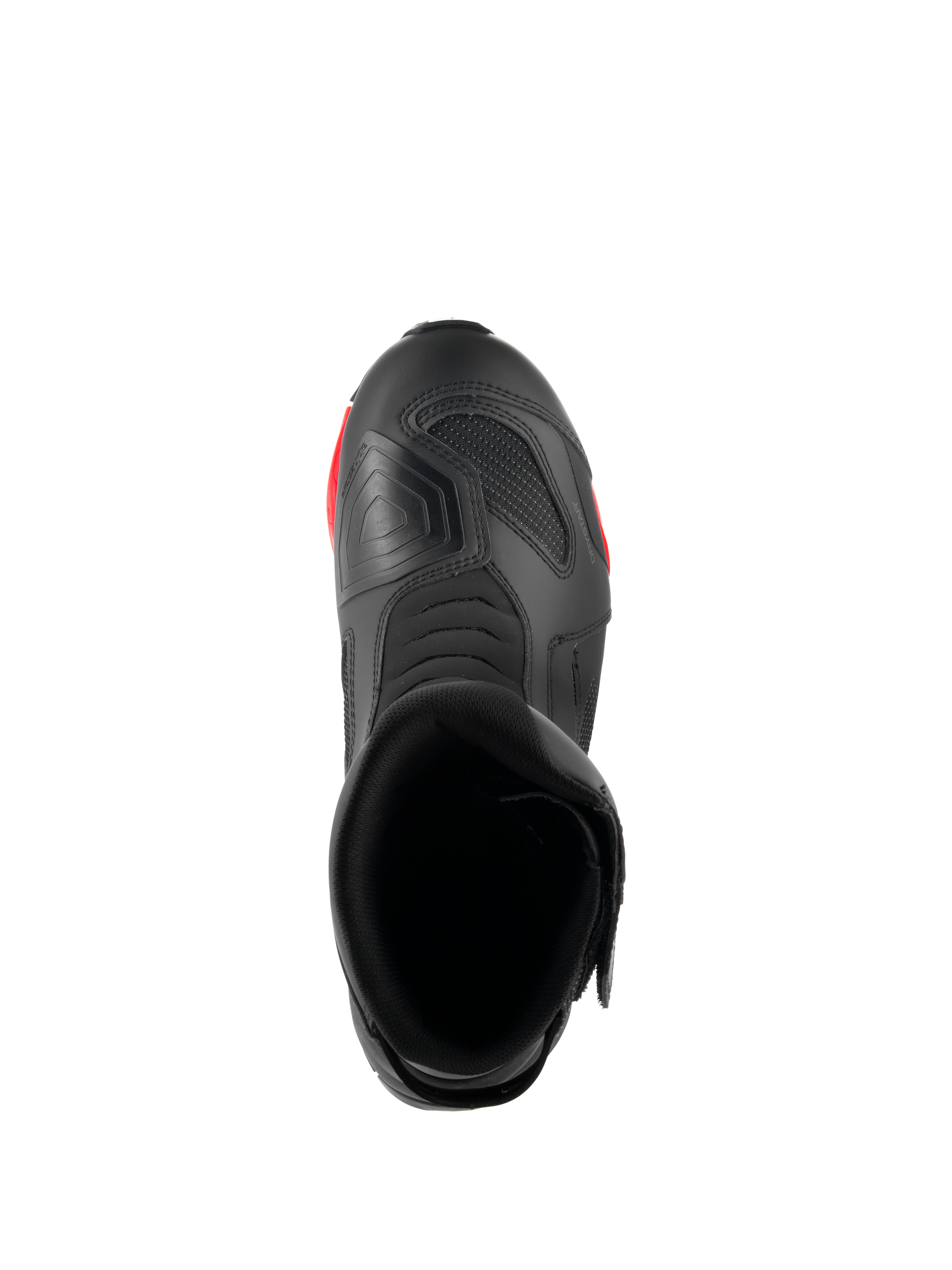 Alpinestars RT-7 Drystar® Boots, Motorcycle Touring Boots, Black and Red, top-down view showing the boot opening, interior, and textured shift pad on the toe