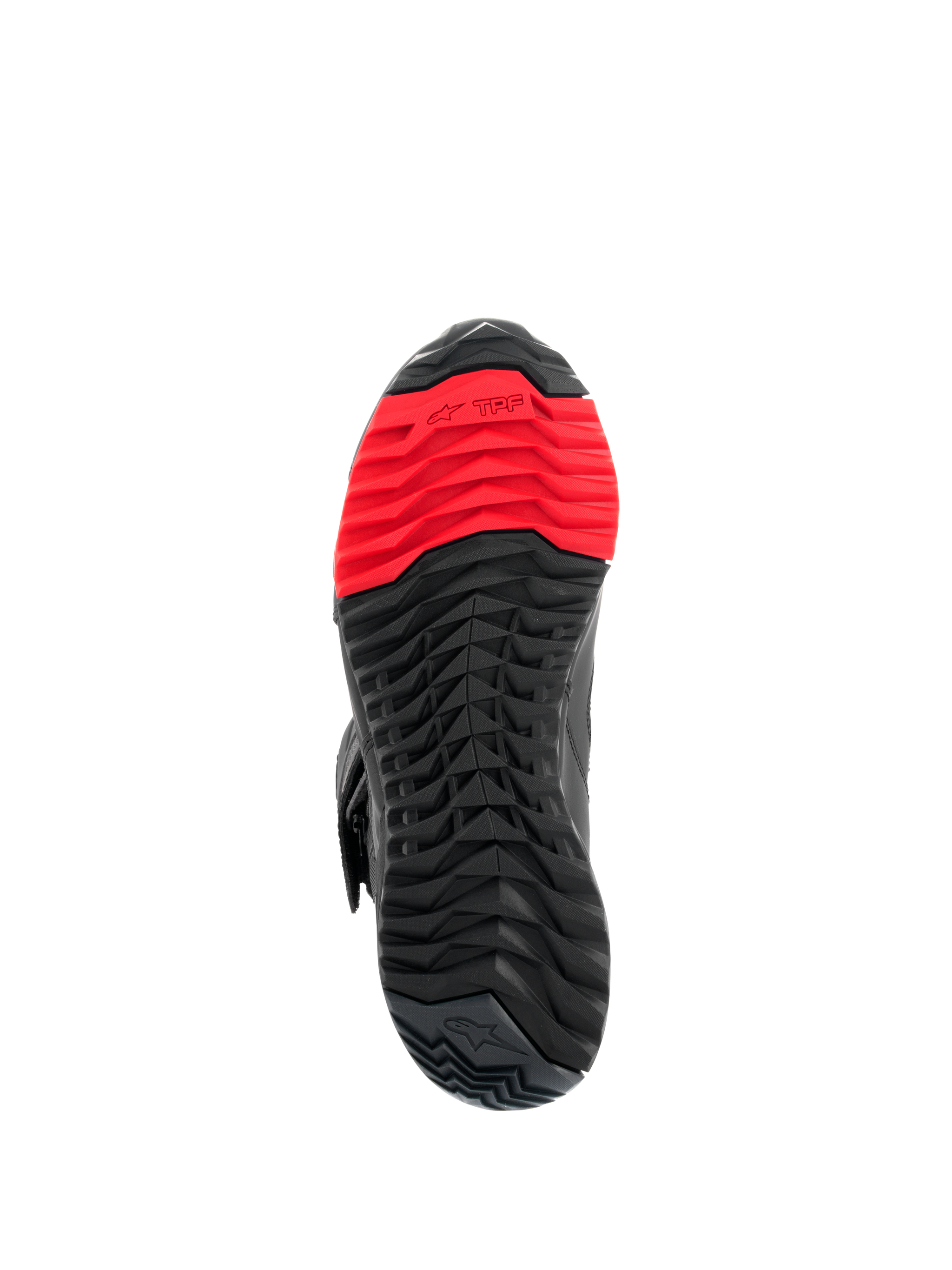 Alpinestars RT-7 Drystar® Boots, Sole View, Rugged black and red lugged tread pattern, featuring the TPF Transversal Protection Frame logo on the forefoot, designed for riding and walking comfort