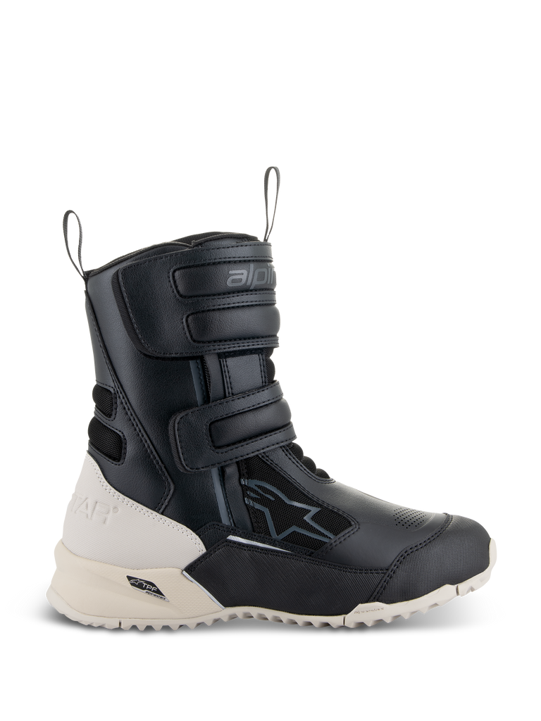 Alpinestars Women Stella RT-7 Touring Drystar Boots, Motorcycle Touring Boots, Black and White, featuring three adjustable Velcro straps, front and rear pull loops, and a rugged lug outsole with TPF support frame