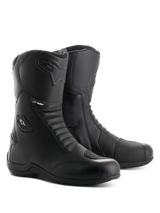 Alpinestars Andes V2 Drystar Boots, Black Motorcycle Touring Boots, waterproof leather construction with front and rear accordion flex panels, side entry zipper with flap closure, featuring embossed Alpinestars logo and Drystar branding, durable footwear for road and adventure riding.