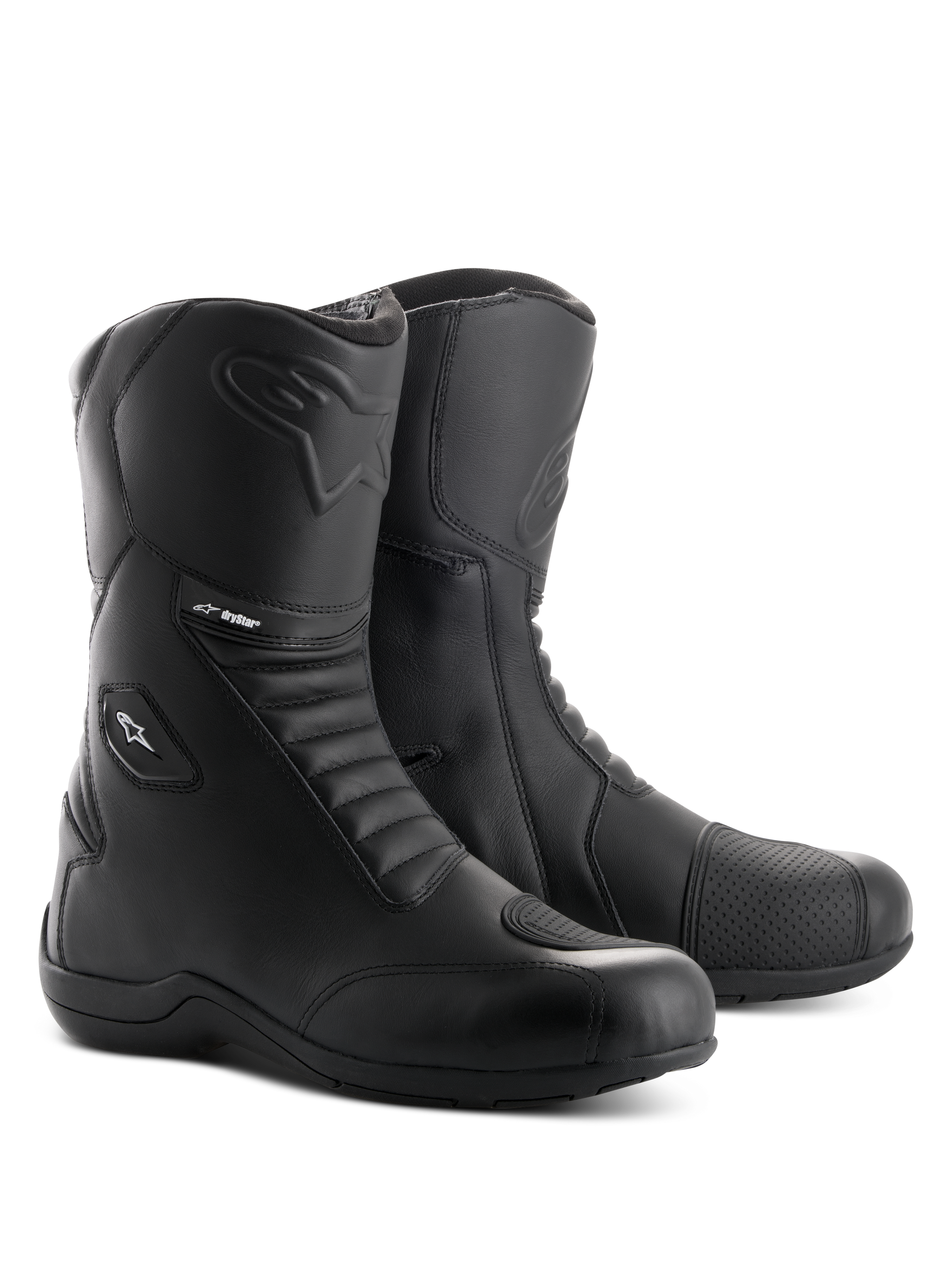 Alpinestars Andes V2 Drystar Boots, Black Motorcycle Touring Boots, waterproof leather construction with front and rear accordion flex panels, side entry zipper with flap closure, featuring embossed Alpinestars logo and Drystar branding, durable footwear for road and adventure riding.