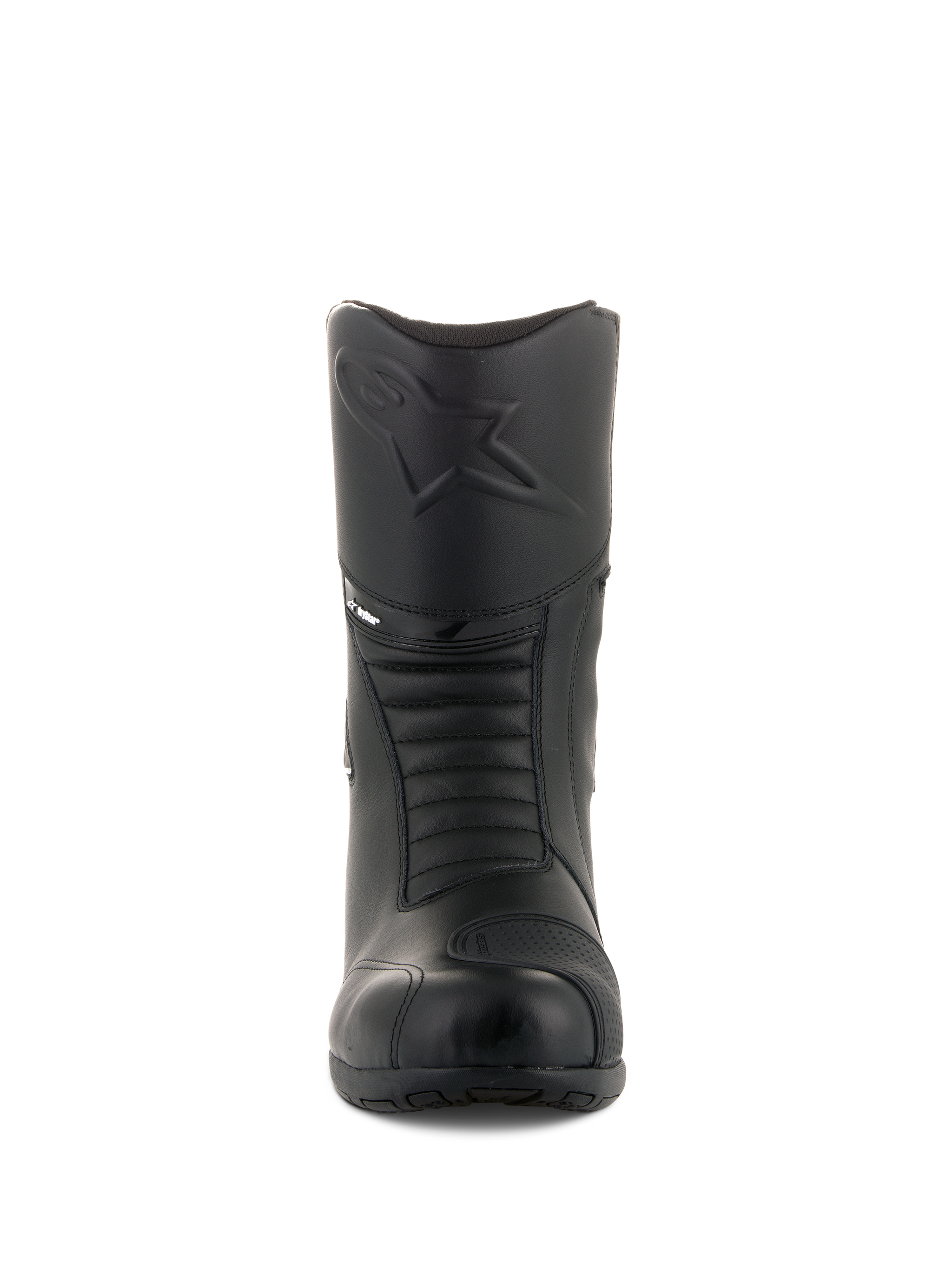 Alpinestars Andes V2 Drystar® Boots, Black Touring Motorcycle Boots, Front view showing embossed Alpinestars logo on the shin, accordion flex zones for movement, leather construction with a textured shift pad