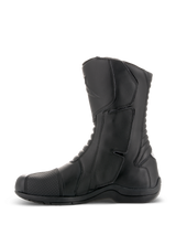 Alpinestars Andes V2 Drystar® Boots, Black Motorcycle Touring Boots, side profile view, waterproof leather construction with reinforced shin guard and accordion flex panels, adventure riding footwear