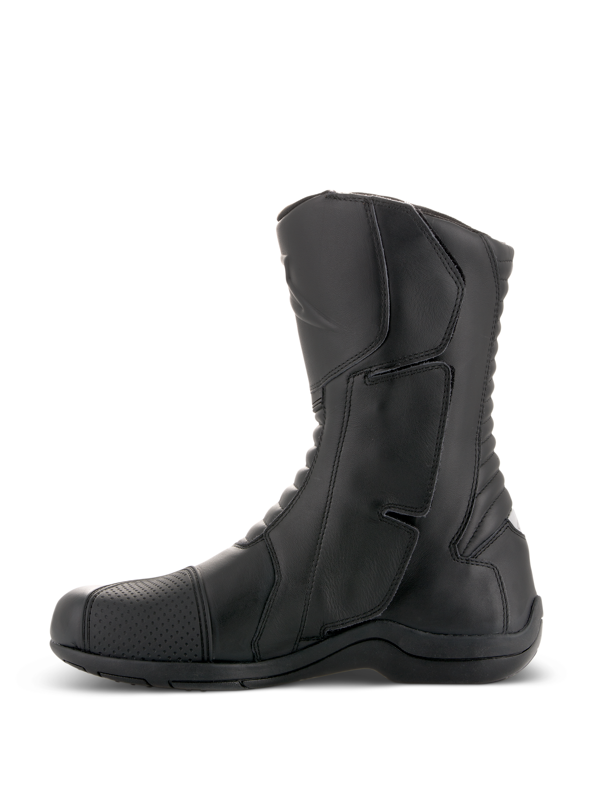 Alpinestars Andes V2 Drystar® Boots, Black Motorcycle Touring Boots, side profile view, waterproof leather construction with reinforced shin guard and accordion flex panels, adventure riding footwear