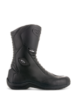 Alpinestars Andes V2 Drystar Boots, Black Motorcycle Touring Boots, High Shaft Design, Waterproof Leather Construction, Front and Rear Accordion Flex Panels, White Star Logo and Drystar Branding, Sturdy Black Sole, Protective Reinforced Ankle and Toe