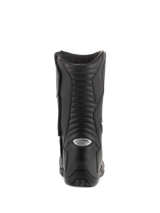 Alpinestars Andes V2 Drystar Boots, Waterproof Touring Boots, Black, Rear view highlighting accordion leather flex panels and silver reflective A-star logo on the heel, durable motorcycle footwear for adventure riding