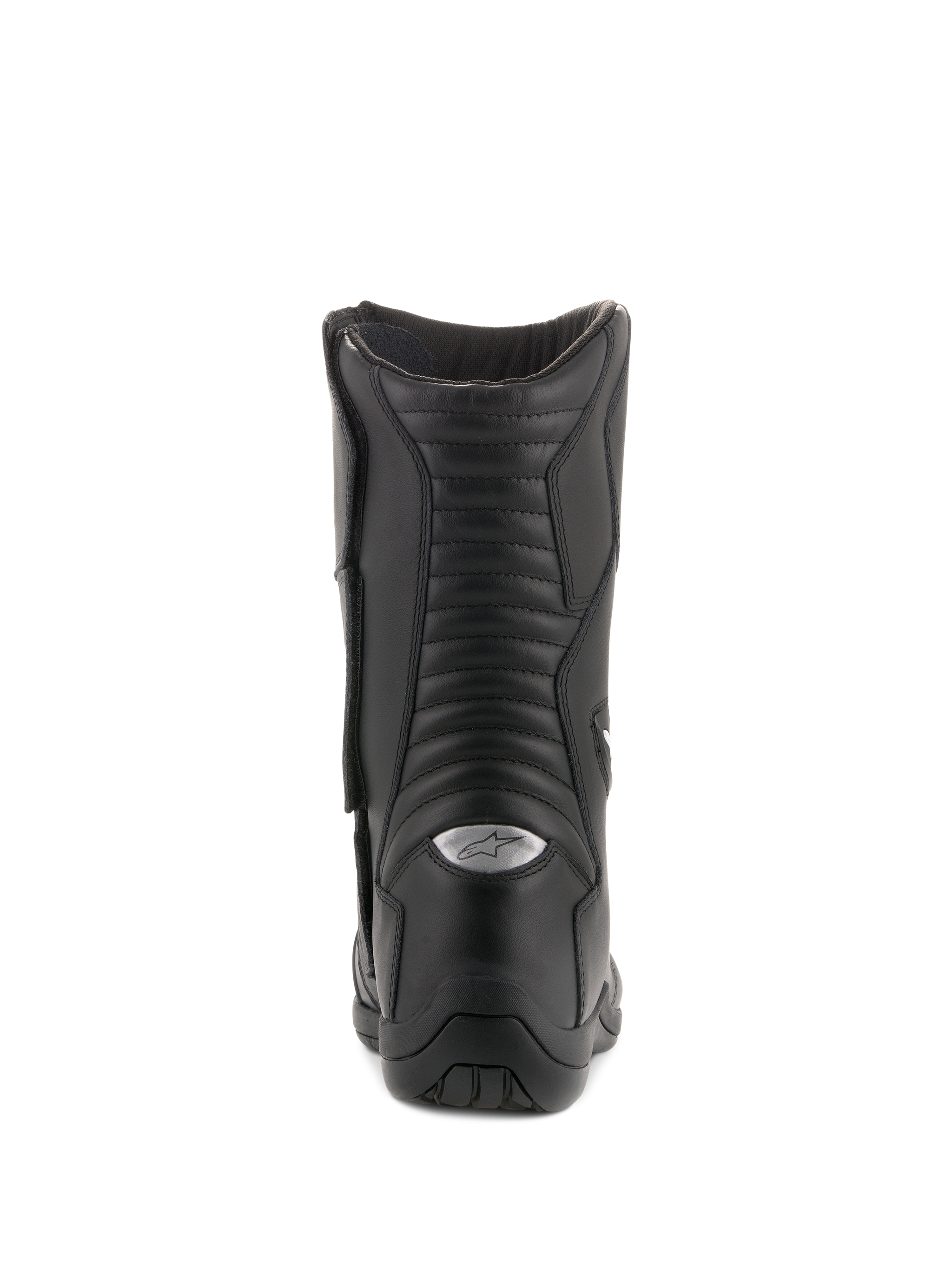 Alpinestars Andes V2 Drystar Boots, Waterproof Touring Boots, Black, Rear view highlighting accordion leather flex panels and silver reflective A-star logo on the heel, durable motorcycle footwear for adventure riding
