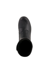 Alpinestars Andes V2 Drystar® Boots, Black motorcycle touring boots, top-down view featuring leather upper, textured shift pad, and front accordion flex zone for waterproof adventure riding.