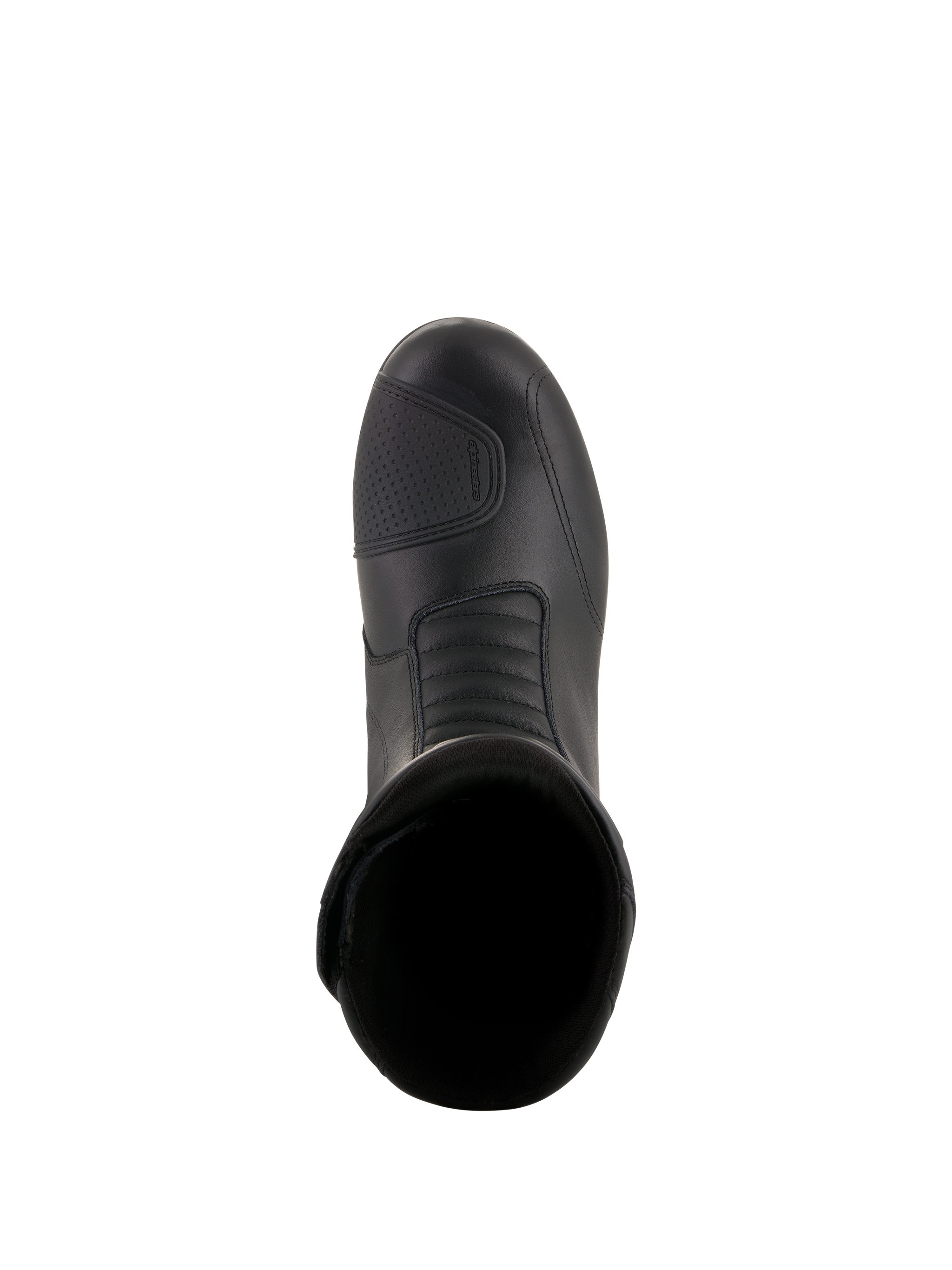 Alpinestars Andes V2 Drystar® Boots, Black motorcycle touring boots, top-down view featuring leather upper, textured shift pad, and front accordion flex zone for waterproof adventure riding.