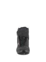 Alpinestars Fastback 2 Drystar® Waterproof Shoes, Black and White, front view featuring lace system with adjustable hook-and-loop strap, embossed logo, durable leather and microfiber construction for road riding
