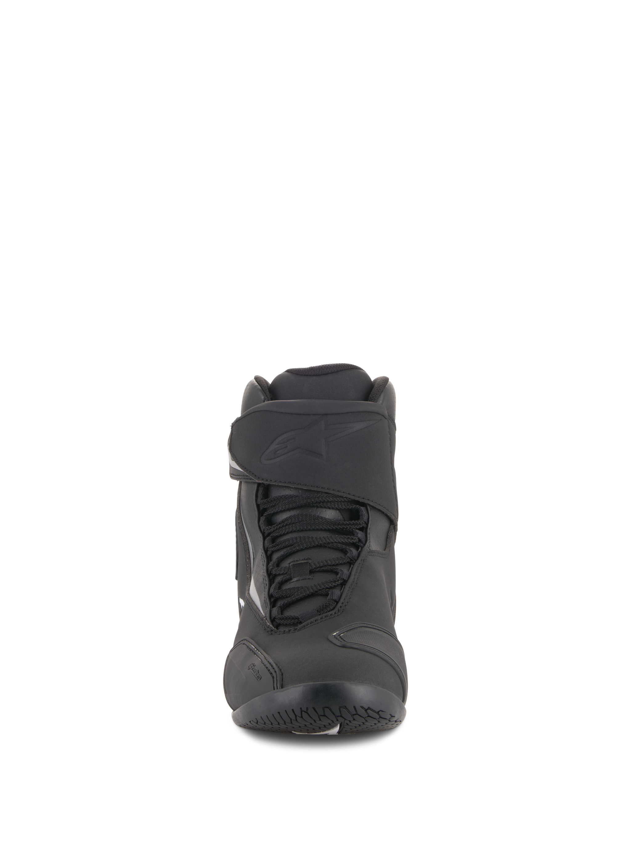 Alpinestars Fastback 2 Drystar® Waterproof Shoes, Black and White, front view featuring lace system with adjustable hook-and-loop strap, embossed logo, durable leather and microfiber construction for road riding