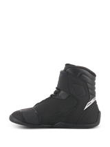 Alpinestars Fastback 2 Drystar® Waterproof Shoes, Motorcycle Riding Shoes, Black and White, side profile view, black leather and microfiber construction with high-top cuff, white logo detail on heel, sleek waterproof footwear for road riding