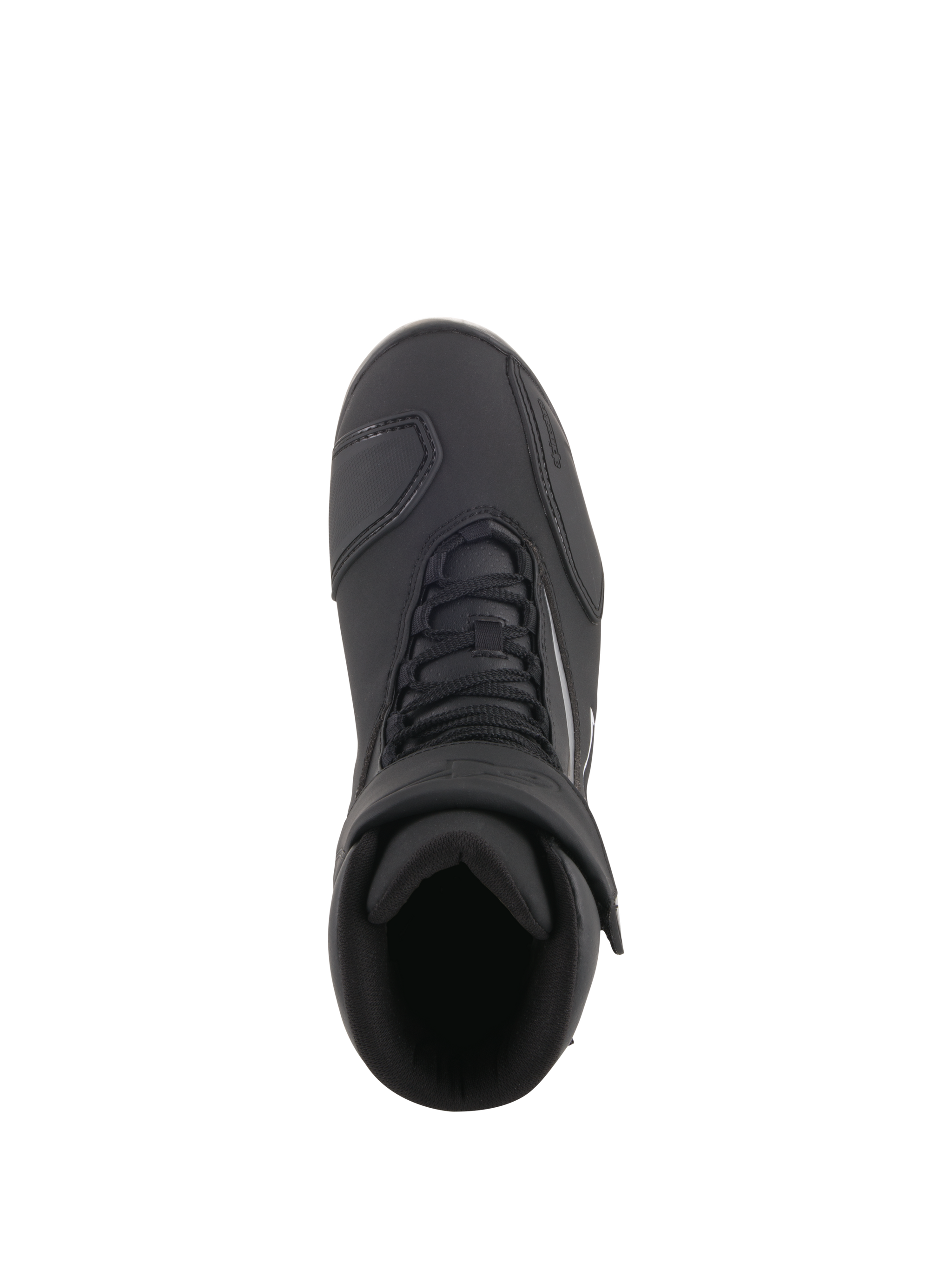Alpinestars Fastback 2 Drystar® Waterproof Shoes, Motorcycle Riding Shoes, Black and White, top-down view showing lace closure and adjustable hook-and-loop strap, waterproof road riding footwear