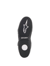 Alpinestars Fastback 2 Drystar® Waterproof Shoes, Motorcycle Riding Shoes, Black and White, sole view showing textured rubber outsole, hexagonal grip pattern, and white Alpinestars branding
