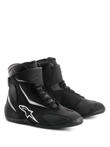 Alpinestars Fastback 2 Drystar® Waterproof Shoes, Black and White motorcycle riding shoes, high-top design with white Alpinestars logo and accents, lace-up closure with hook-and-loop ankle strap, durable construction for road touring.