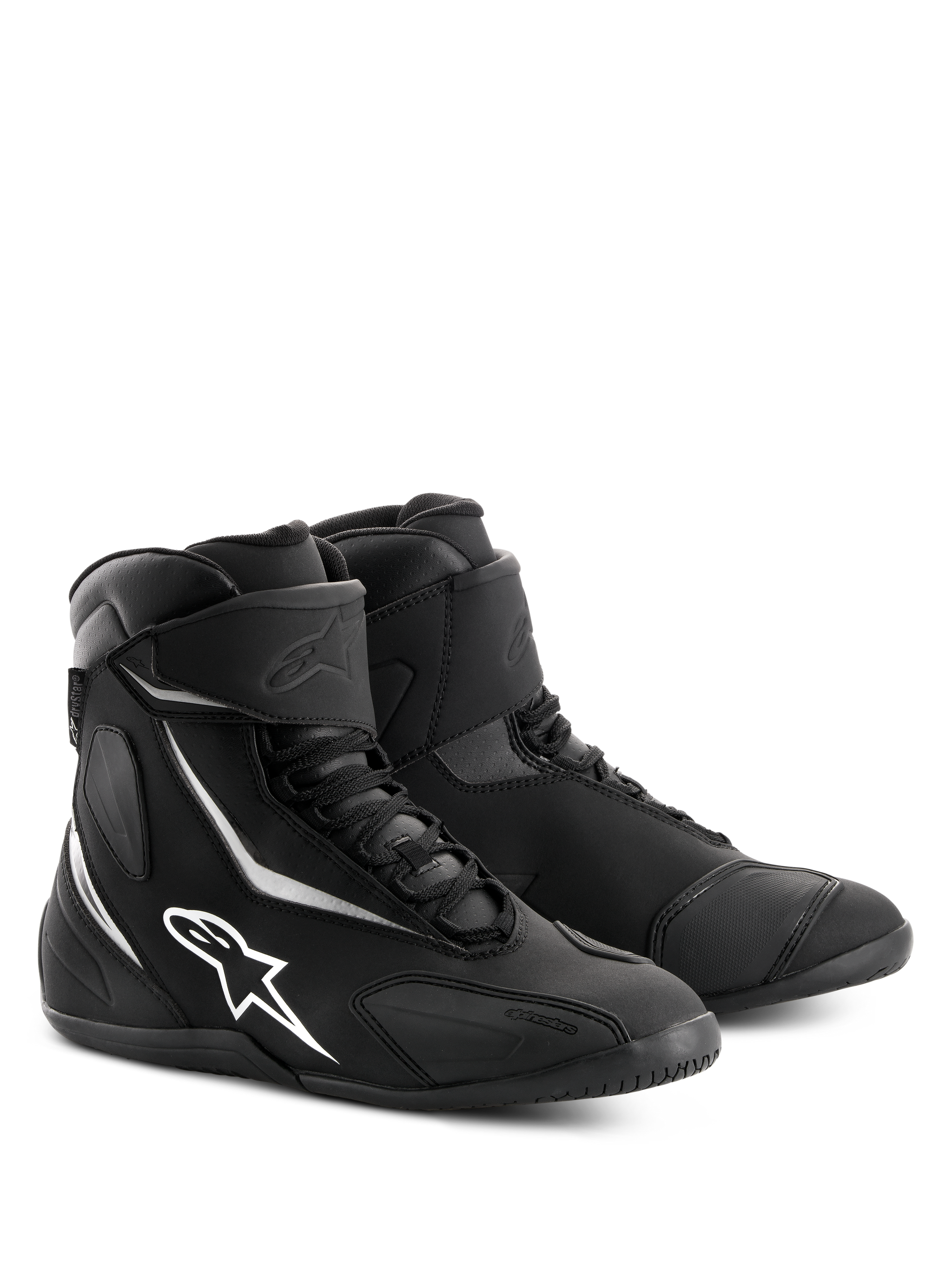 Alpinestars Fastback 2 Drystar® Waterproof Shoes, Black and White motorcycle riding shoes, high-top design with white Alpinestars logo and accents, lace-up closure with hook-and-loop ankle strap, durable construction for road touring.