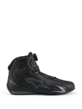Alpinestars Celer Shoes, Motorcycle Riding Shoes, Black and Dark Gray, side profile view showing the Rotor Closure System dial on the tongue, technical microfiber upper with gray Alpinestars logo, streamlined sport and racing profile