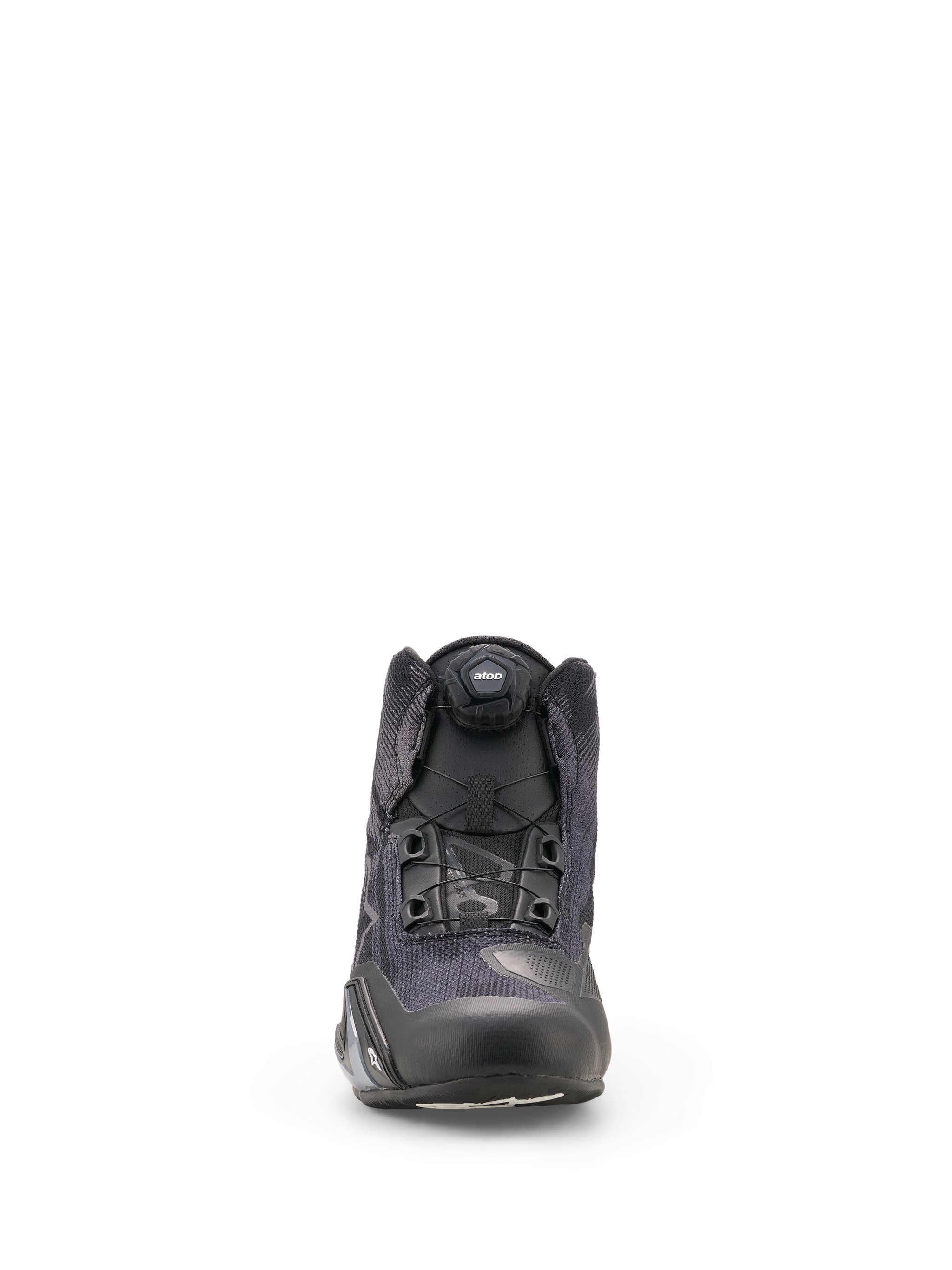 Alpinestars Celer Superair Shoes, Motorcycle Riding Shoes, Black and Dark Gray, front view featuring high-airflow textile construction and the integrated Rotor Closure System dial, sleek athletic design for sport riders
