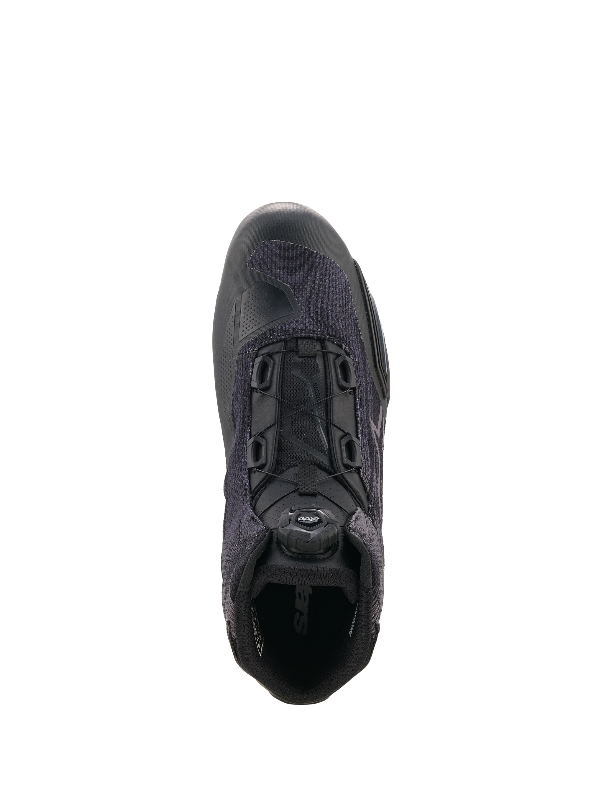 Alpinestars Celer Superair Shoes, Motorcycle Riding Shoes, Black and Dark Gray, top-down view highlighting the Rotor Closure System dial, breathable high-airflow textile construction, and protective synthetic reinforcements