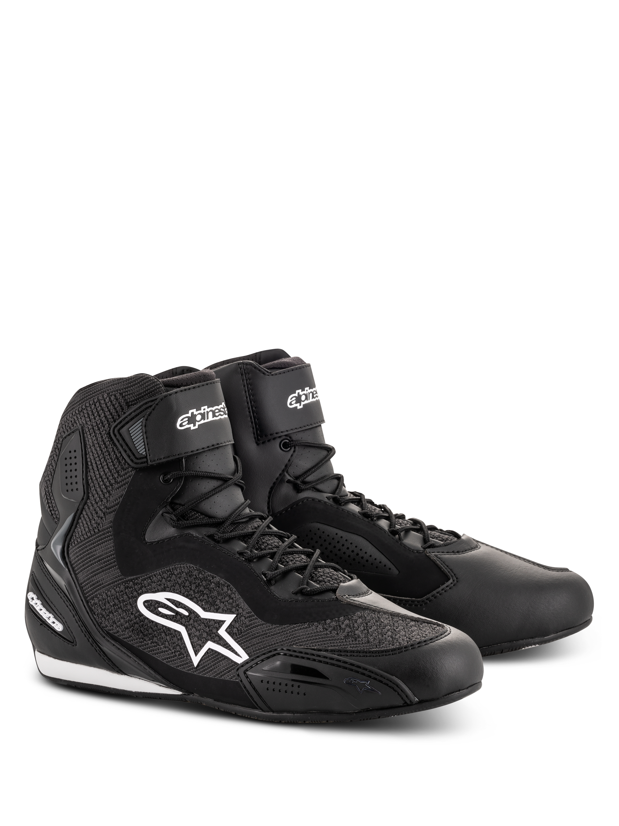 Alpinestars Faster-3 Rideknit® Shoes, Black motorcycle riding shoes, featuring knitted mesh panels and a microfiber chassis, white Alpinestars star logo on the side, laces with hook-and-loop ankle strap, designed for road racing and urban commuting.