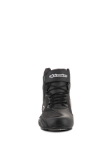 Alpinestars Faster-3 Rideknit® Shoes, Motorcycle Riding Shoes, Black, front view, featuring a hook and loop ankle strap with white branding, laces, and breathable knit mesh panels, sleek road riding footwear