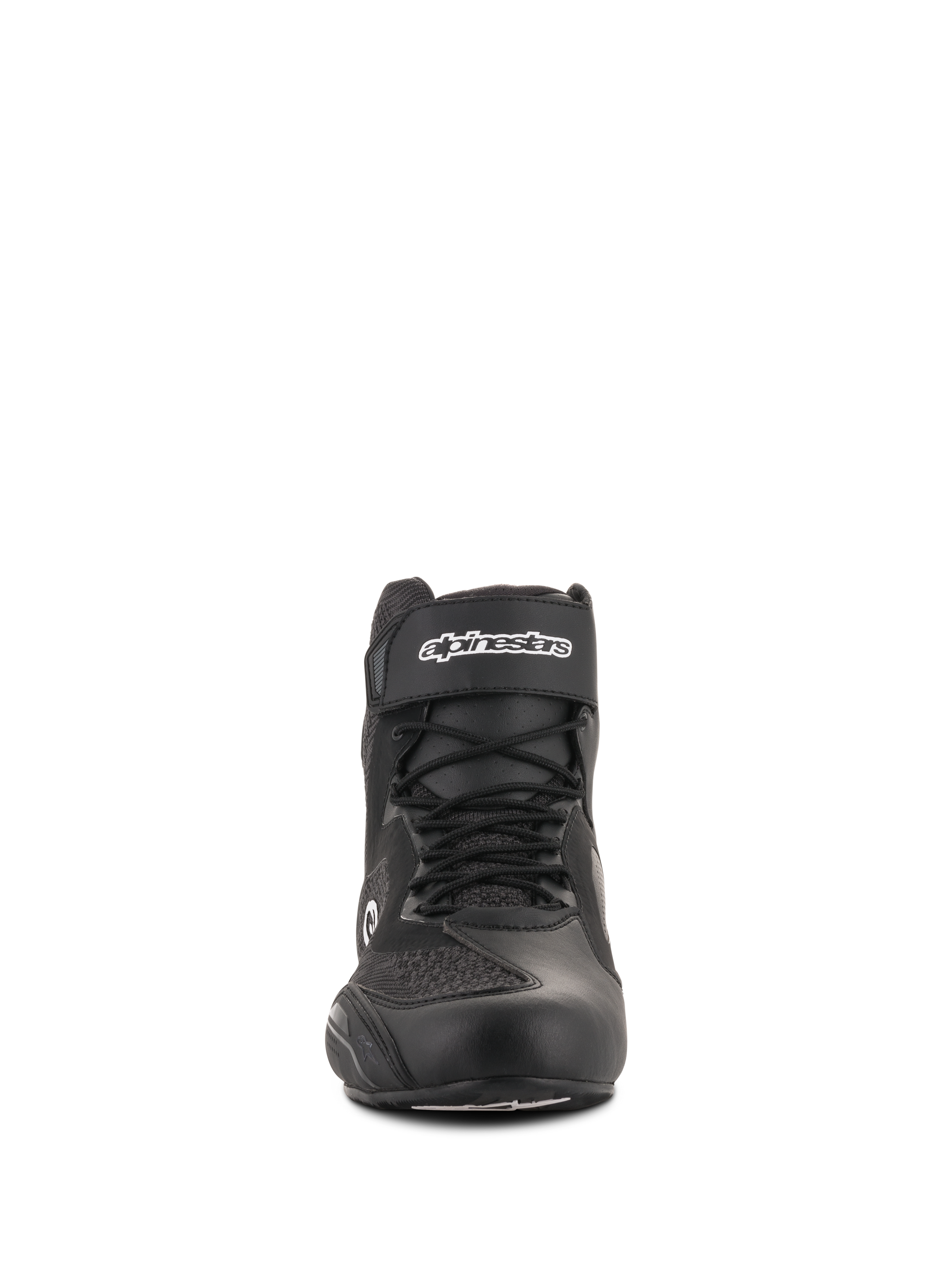 Alpinestars Faster-3 Rideknit® Shoes, Motorcycle Riding Shoes, Black, front view, featuring a hook and loop ankle strap with white branding, laces, and breathable knit mesh panels, sleek road riding footwear