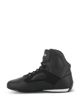 Alpinestars Faster-3 Rideknit® Shoes, Motorcycle Riding Shoes, Black, side profile view, features a lightweight microfiber upper with perforated panels, lace-up closure with a secure ankle strap, and sleek road racing design