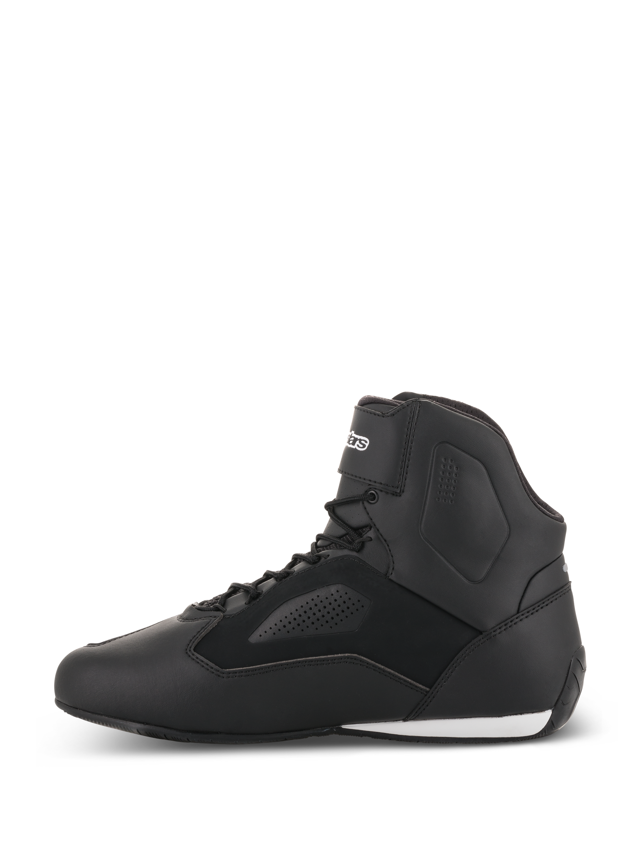 Alpinestars Faster-3 Rideknit® Shoes, Motorcycle Riding Shoes, Black, side profile view, features a lightweight microfiber upper with perforated panels, lace-up closure with a secure ankle strap, and sleek road racing design