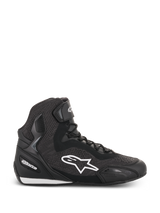 Alpinestars Faster-3 Rideknit Shoes, Black high-top motorcycle riding shoe, white star logo, textured knit and mesh construction, lace closure with ankle strap, reinforced heel and toe, low-profile sole with white accents