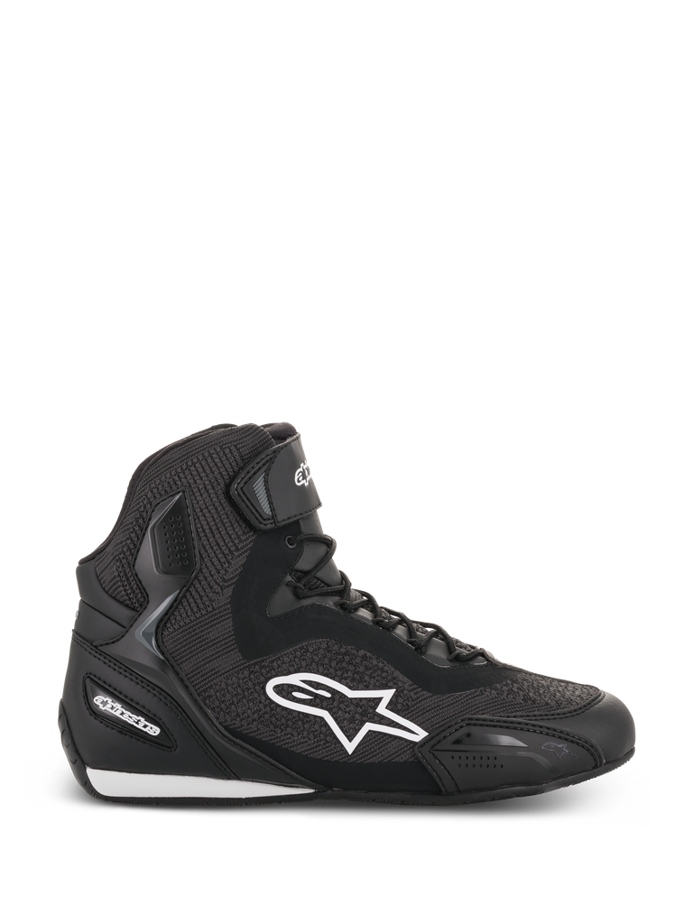 Alpinestars Faster-3 Rideknit Shoes, Black high-top motorcycle riding shoe, white star logo, textured knit and mesh construction, lace closure with ankle strap, reinforced heel and toe, low-profile sole with white accents