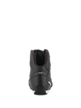 Alpinestars Faster-3 Rideknit® Shoes, Black Motorcycle Riding Shoes, rear view showing TPR heel counter and microfiber construction, sleek and protective road racing footwear