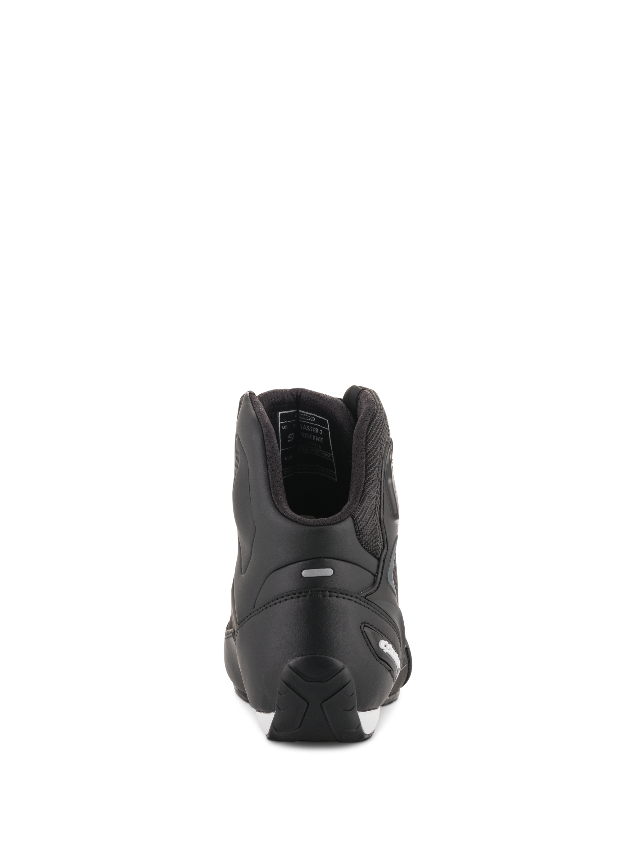 Alpinestars Faster-3 Rideknit® Shoes, Black Motorcycle Riding Shoes, rear view showing TPR heel counter and microfiber construction, sleek and protective road racing footwear