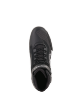 Alpinestars Faster-3 Rideknit® Shoes, Black, top-down view showing laces and breathable mesh panels, lightweight microfiber and knit construction, performance motorcycle footwear
