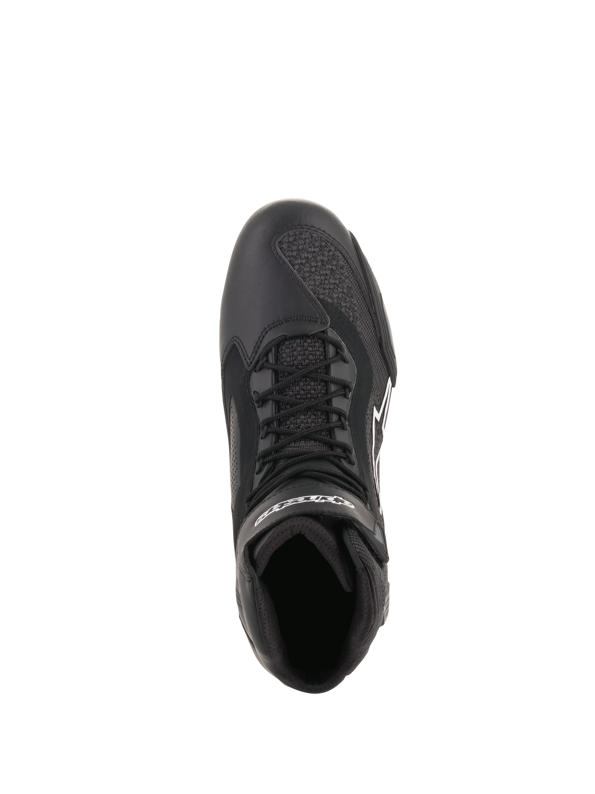 Alpinestars Faster-3 Rideknit® Shoes, Black, top-down view showing laces and breathable mesh panels, lightweight microfiber and knit construction, performance motorcycle footwear
