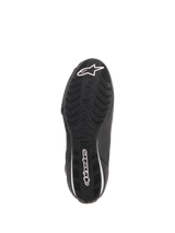 Alpinestars Faster-3 Rideknit® Shoes, Black, Bottom view of the sole featuring a textured wavy tread pattern, white Alpinestars logo and wordmark branding, performance motorcycle riding shoe