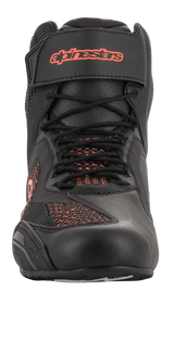 Alpinestars Faster-3 Rideknit® Shoes, Black and Red Fluo, front-facing view, motorcycle riding shoe featuring breathable knit mesh panels and Velcro ankle strap with red logo