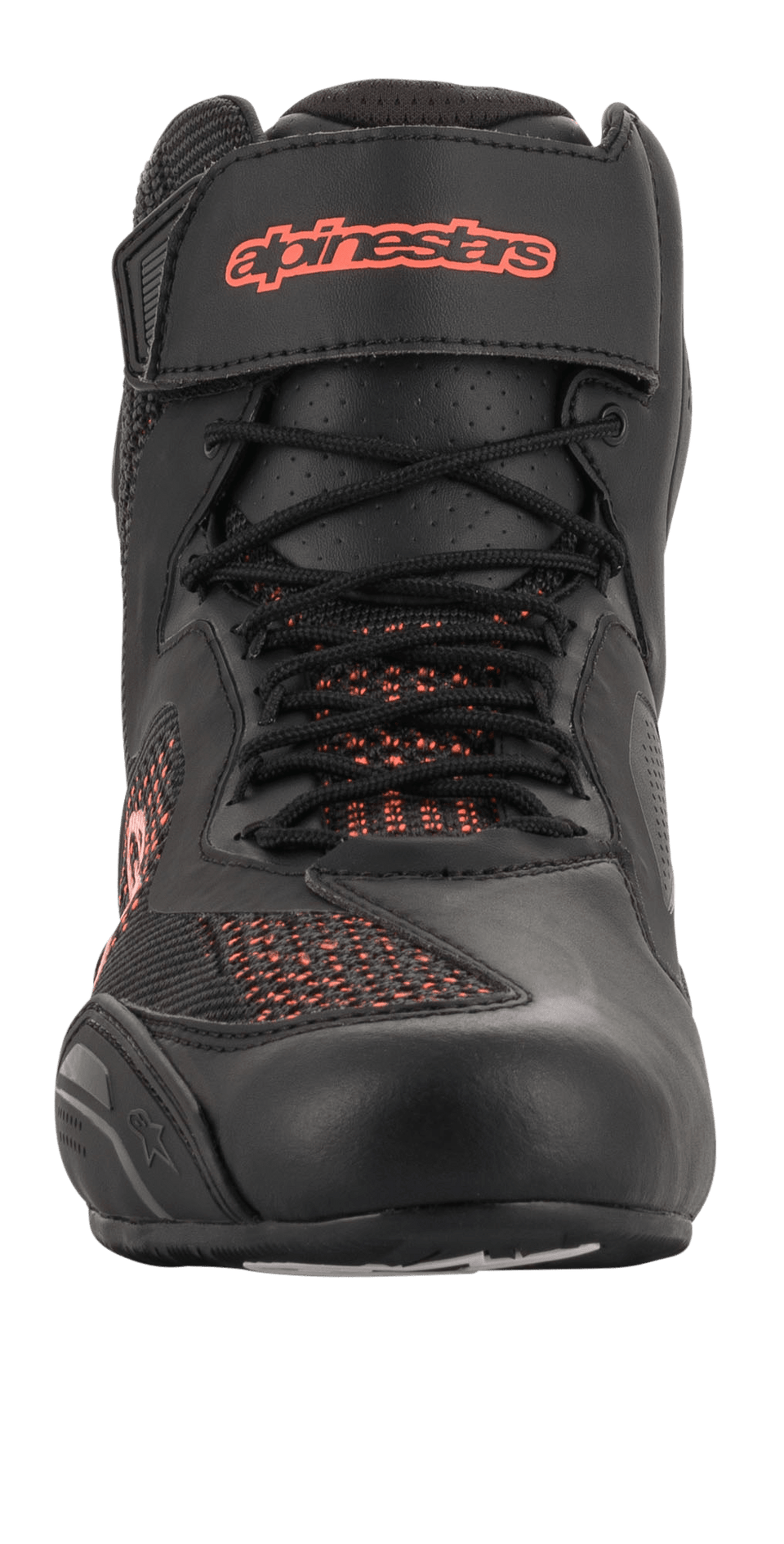 Alpinestars Faster-3 Rideknit® Shoes, Black and Red Fluo, front-facing view, motorcycle riding shoe featuring breathable knit mesh panels and Velcro ankle strap with red logo