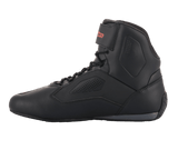 Alpinestars Faster-3 Rideknit® Shoes, Black motorcycle riding shoe, side profile view, matte black microfiber upper with perforated panels for airflow, lace-up system with red Alpinestars logo on the ankle strap, sporty road riding design