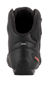 Alpinestars Faster-3 Rideknit® Shoes, Motorcycle Riding Shoes, Black and Red Fluo, rear view highlighting the TPR heel counter, padded ankle collar, and red logo detail on the heel.